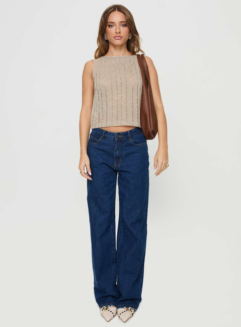 front view of model wearing Princess Polly Cassander Top Beige Sleeveless High Neck 