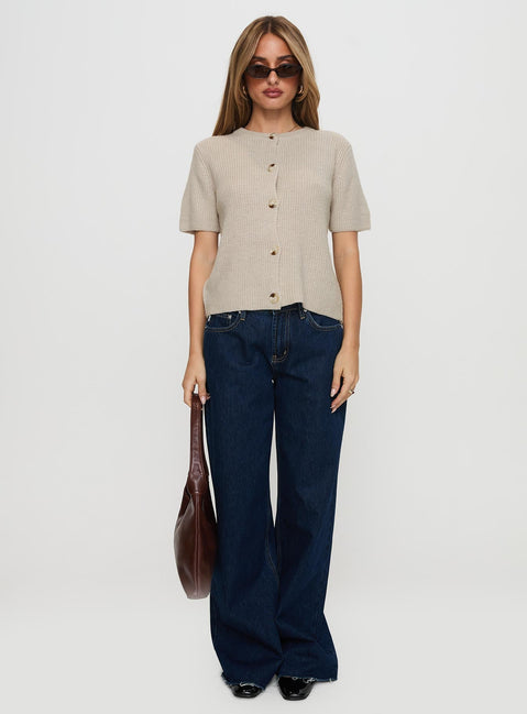 side view of model wearing Princess Polly Wait A Lifetime Short Sleeve Cardigan Beige Cropped 