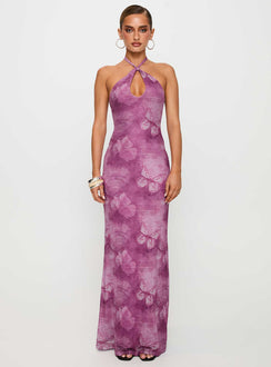 front view of model wearing Princess Polly Nathaleia Halter Maxi Dress Purple Asymmetric Neckline 