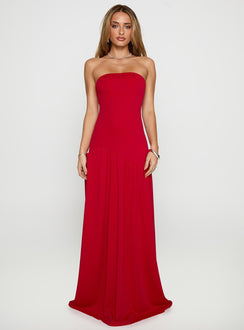 front view of model wearing Princess Polly Move Me Strapless Maxi Dress Red Straight Neck 
