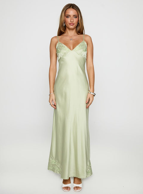 side view of model wearing Princess Polly Cyrielle Embroidered Maxi Dress Sage Plunger 