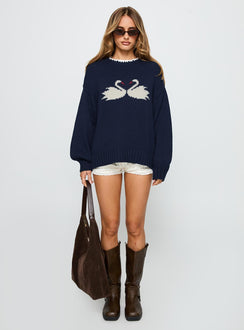 side view of model wearing Princess Polly Swan Lake Love Knit Sweater Navy Longline Jumpers 
