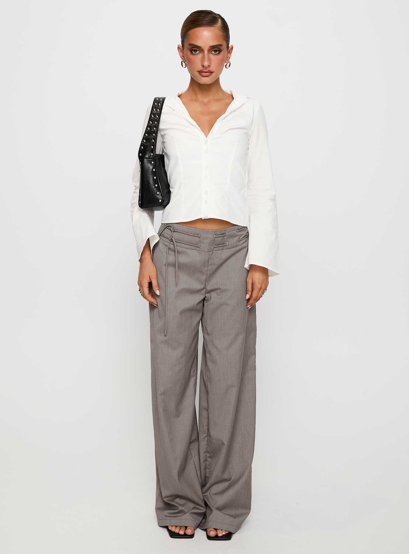 front view of model wearing Princess Polly Just Have Fun Wide Leg Pant Grey High Waisted Pants 
