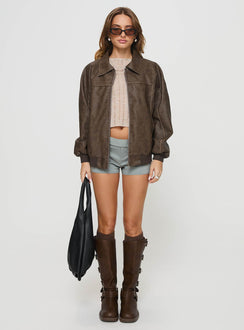 Goldsmith Faux Leather Bomber Jacket Washed Brown Petite