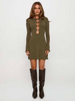 front view of model wearing Princess Polly Dejonge Ring Mini Dress Olive Crew Neck 