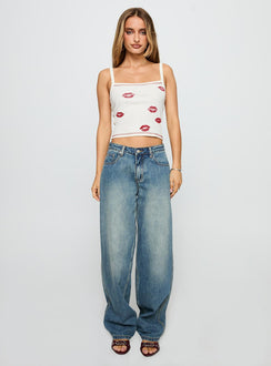 front view of model wearing Princess Polly Smooches Graphic Top Cream Sleeveless Square Neck 