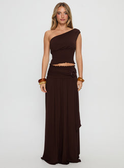   front view of model wearing Princess Polly Full Orbit Shirred Maxi Skirt Chocolate Brown Maxi Skirts 