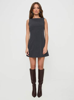 front view of model wearing Princess Polly Blyss Mini Dress Charcoal Boat Neck 
