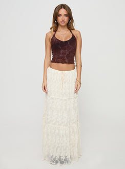   side view of model wearing Princess Polly Oh Plisse Maxi Skirt Cream Maxi 