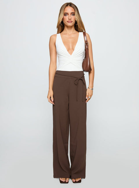front view of model wearing Princess Polly Rush Hours Pants Chocolate High Waisted Pants 