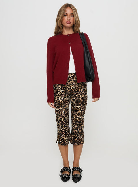 side view of model wearing Princess Polly Arica Button Up Knit Cardigan Red Long 