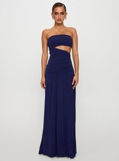 front view of model wearing Princess Polly Grandeur Strapless Maxi Dress Navy Straight Neck 
