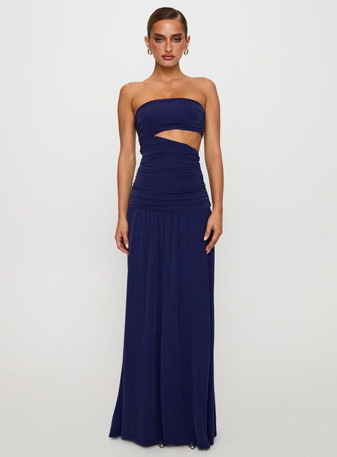 front view of model wearing Princess Polly Grandeur Strapless Maxi Dress Navy Straight Neck 