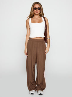 front view of model wearing Princess Polly No Doubts Track Pant Brown High Waisted Pants 