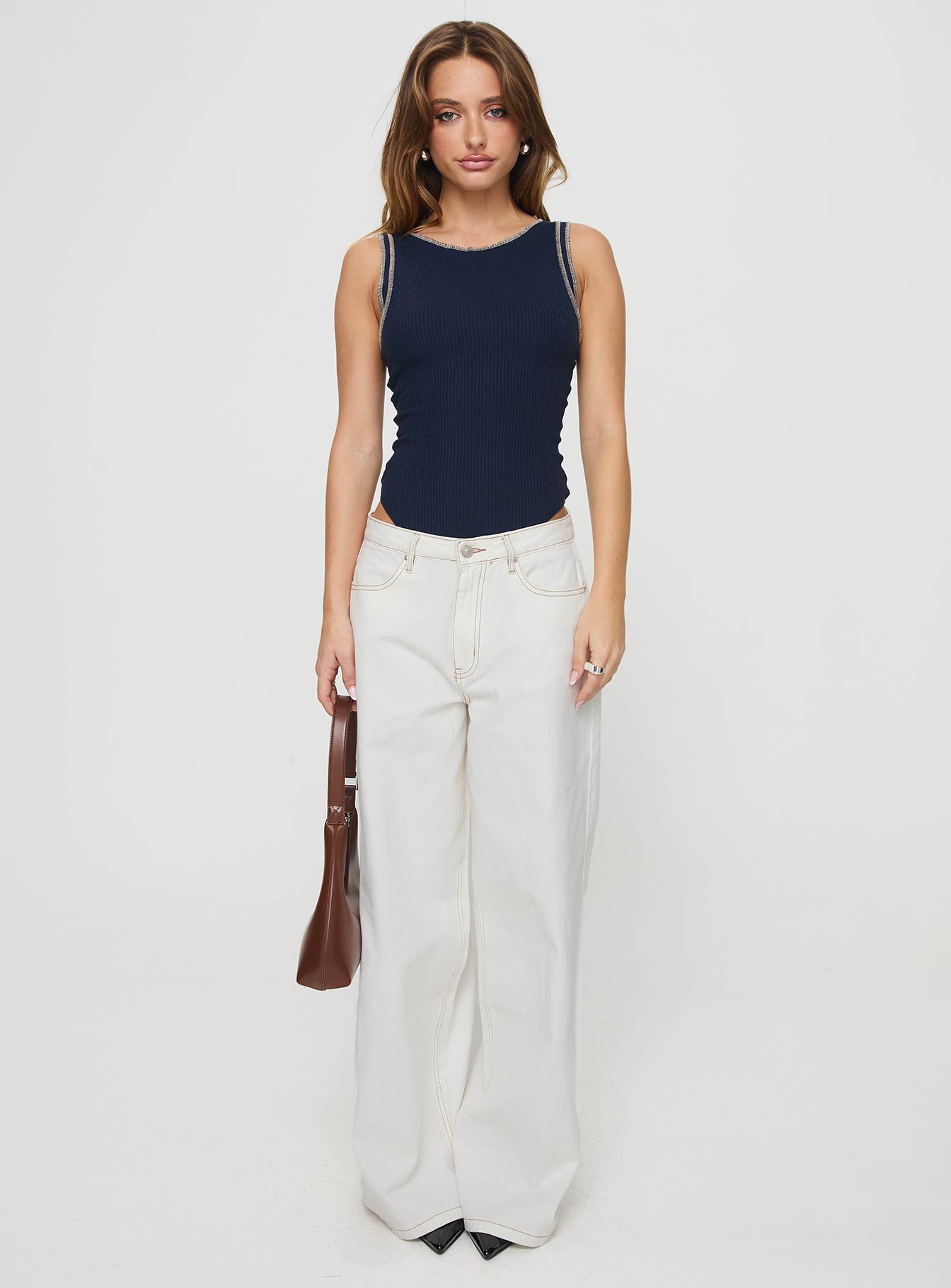 Ribbed bodysuit High neckline, contrast stitching, high cut leg, g string bottom, press clip fastening at base Good stretch, unlined 