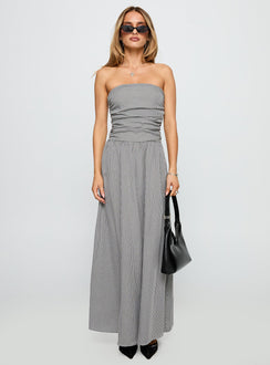 front view of model wearing Princess Polly Arkadia Strapless Maxi Dress Black / White Check Straight Neck 