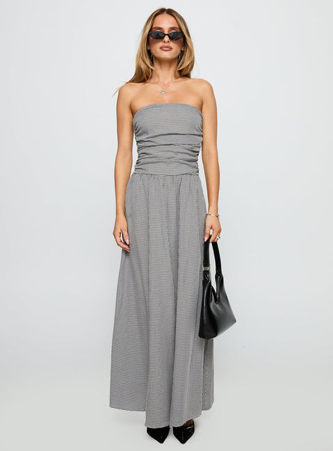 front view of model wearing Princess Polly Arkadia Strapless Maxi Dress Black / White Check Straight Neck 