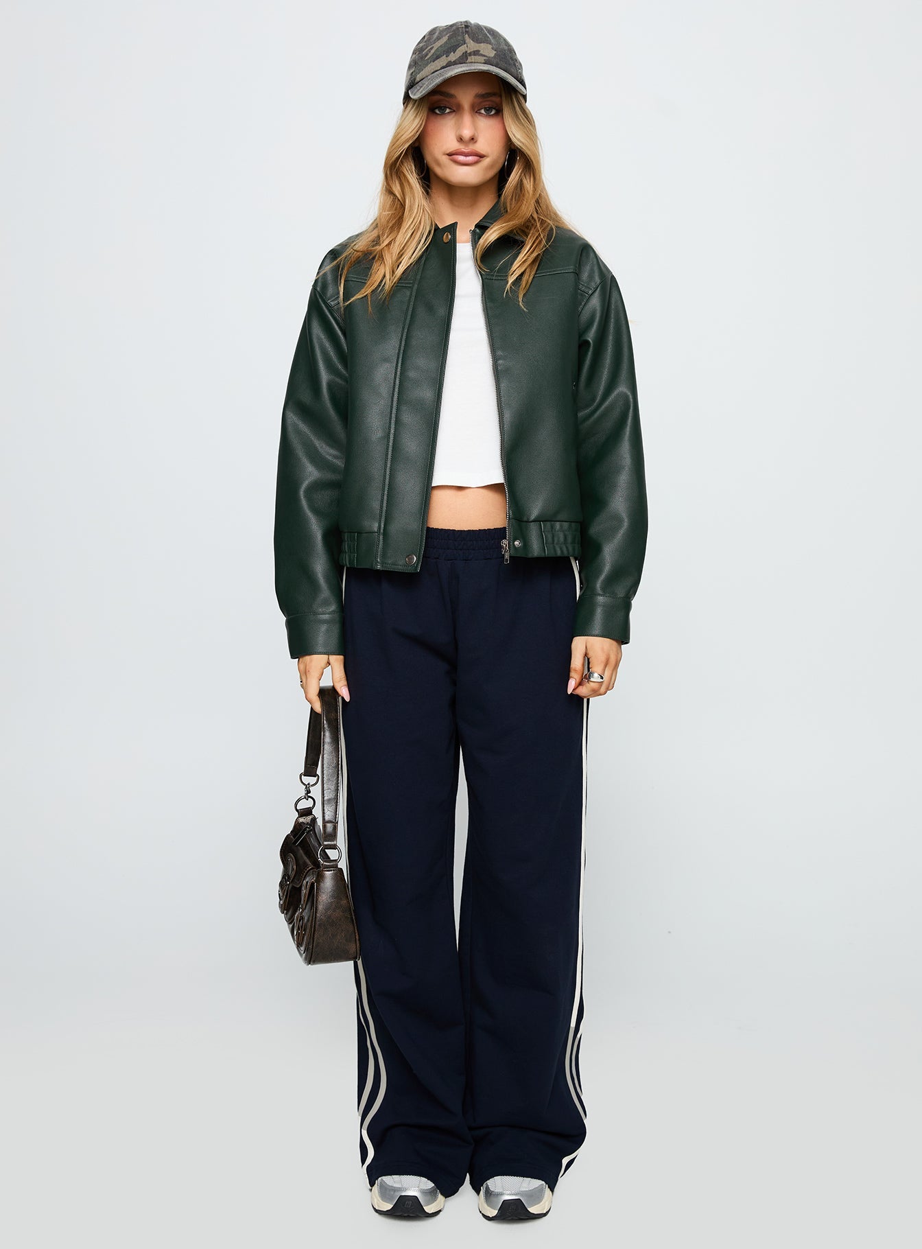 Privilege Faux Leather Bomber Jacket Green