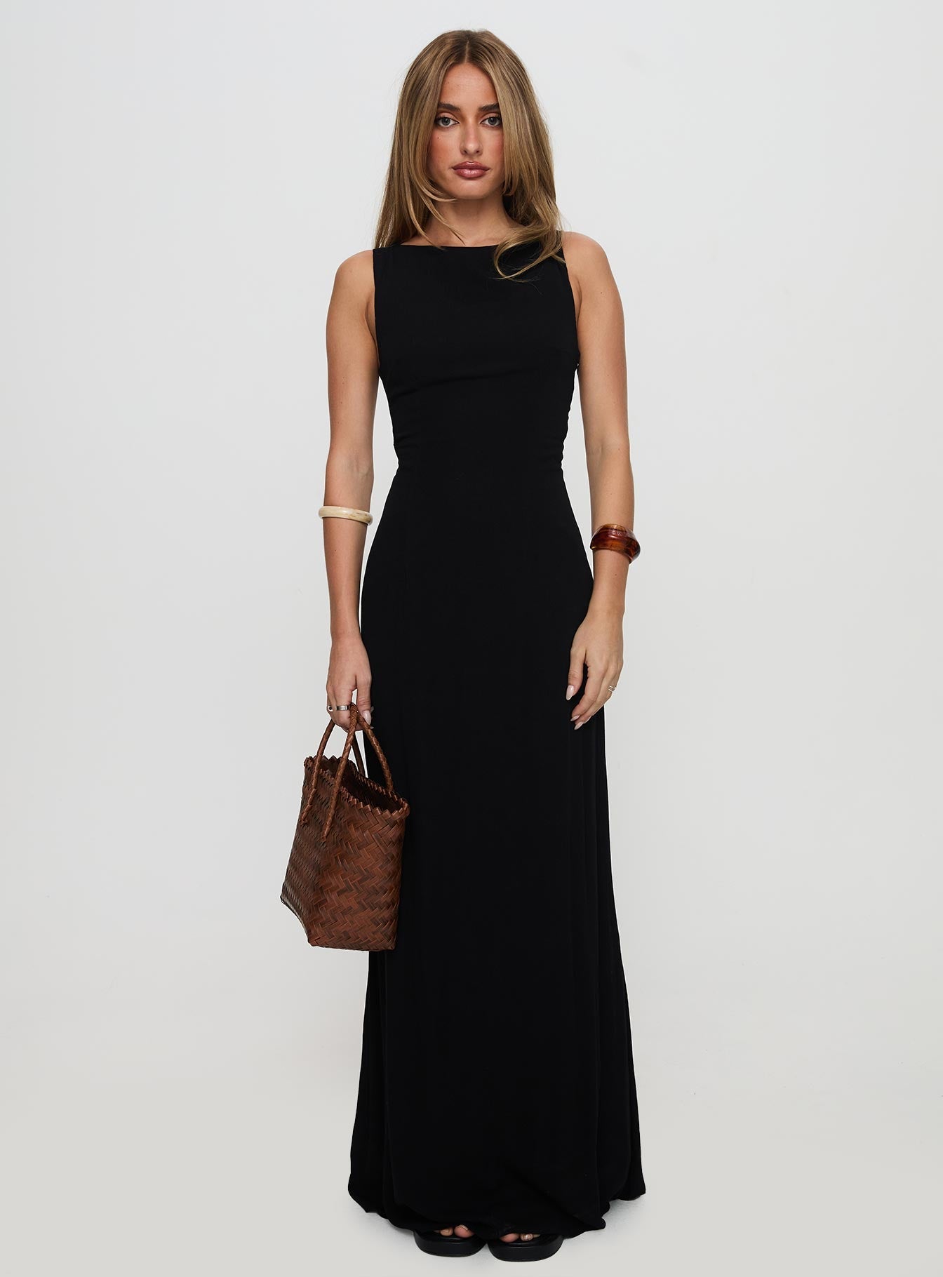 front view of model wearing Princess Polly Ace Of Hearts Backless Maxi Dress Black Petite Crew Neck 