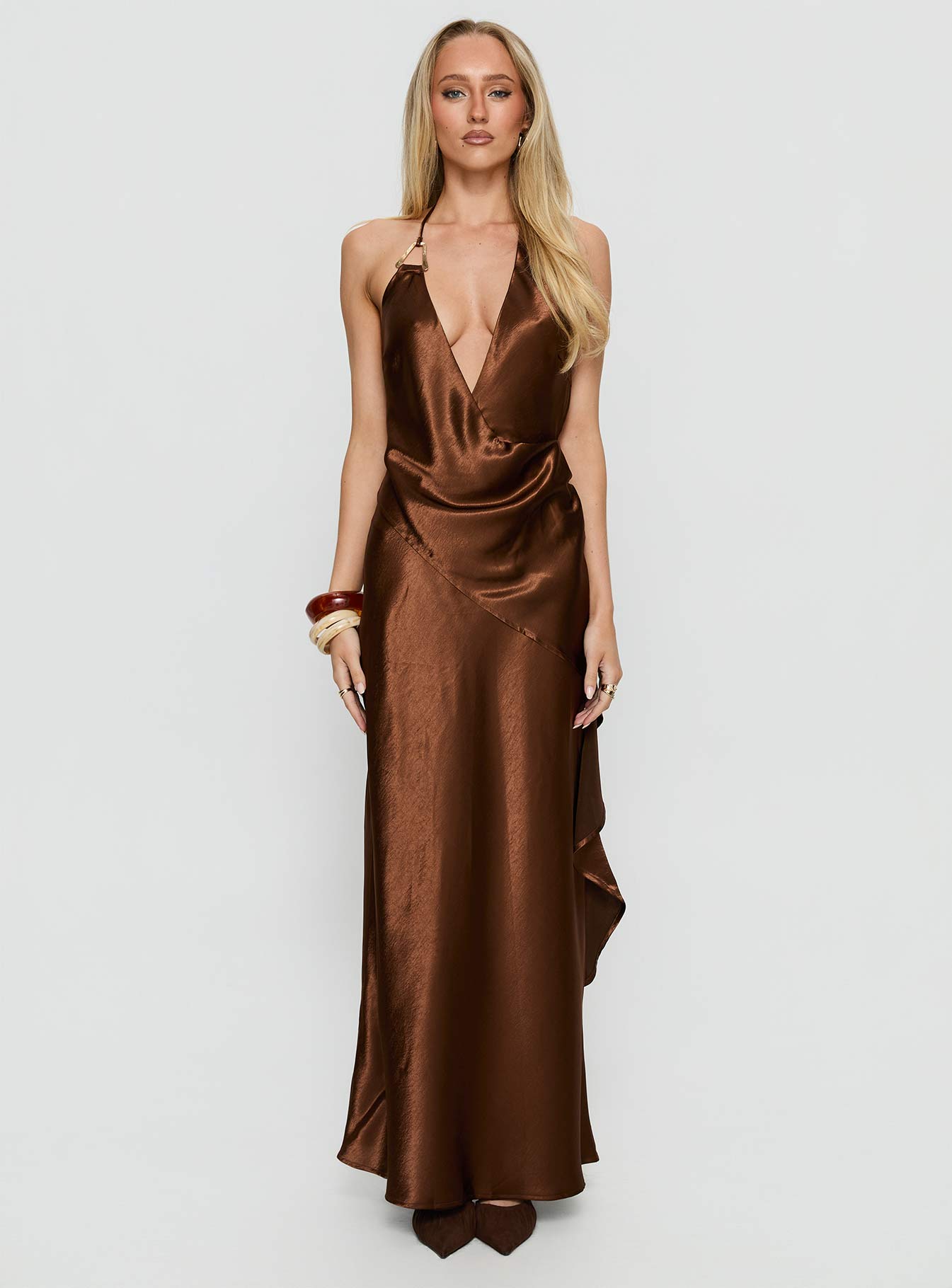 Annissa Plunge Halter Maxi Dress Dark Brown