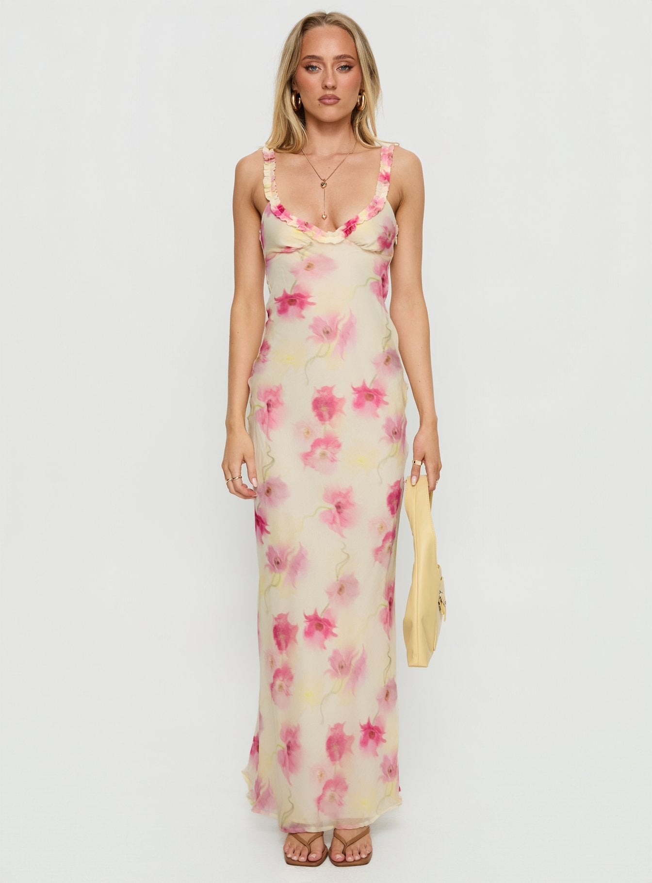 Baley Bias Cut Frill Maxi Dress White Floral