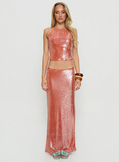   front view of model wearing Princess Polly Emalia Sheer Sequin Maxi Skirt Orange Maxi Skirts 