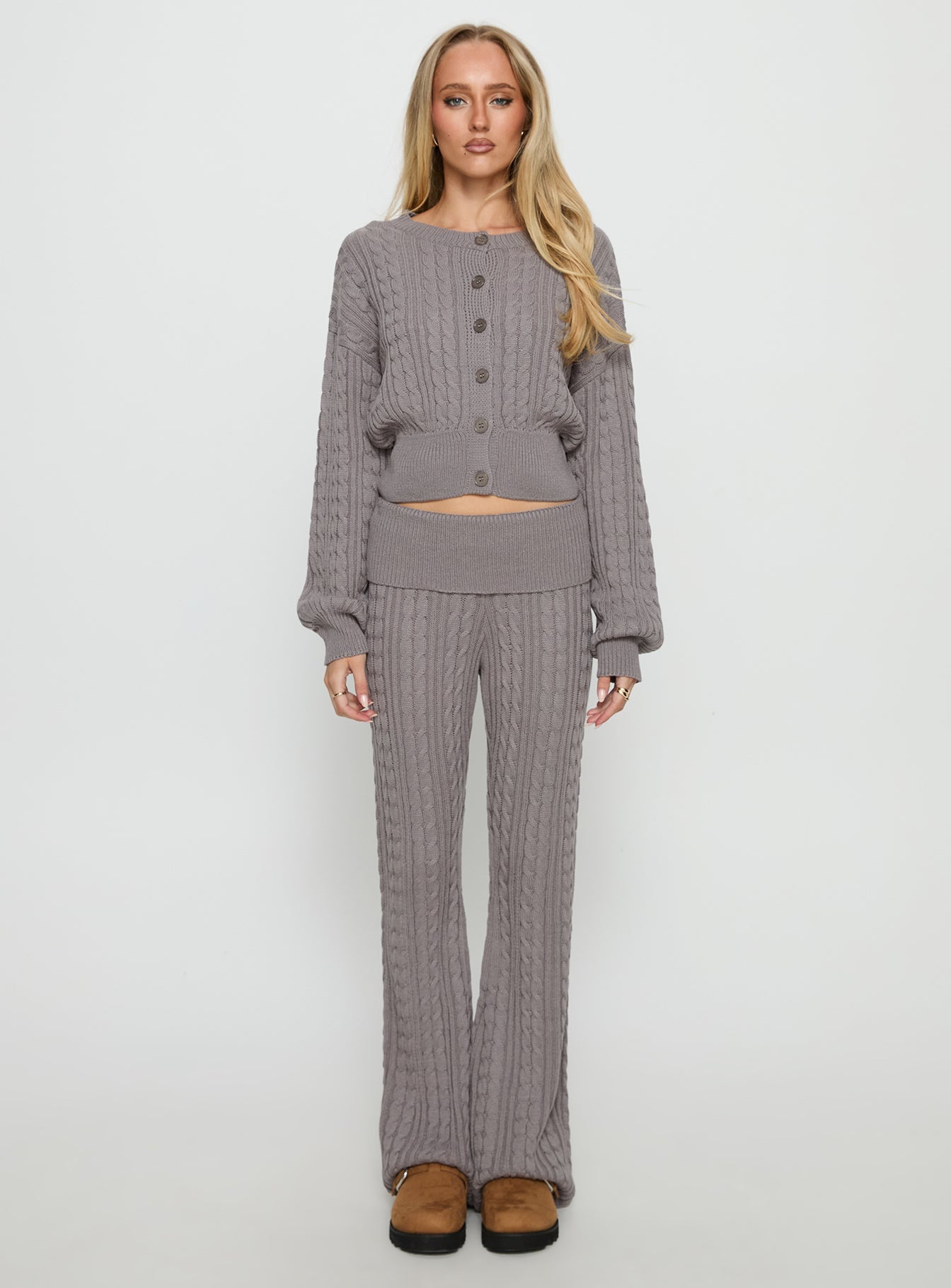 front view of model wearing Princess Polly Baleigh Cable Knit Cardigan Grey 