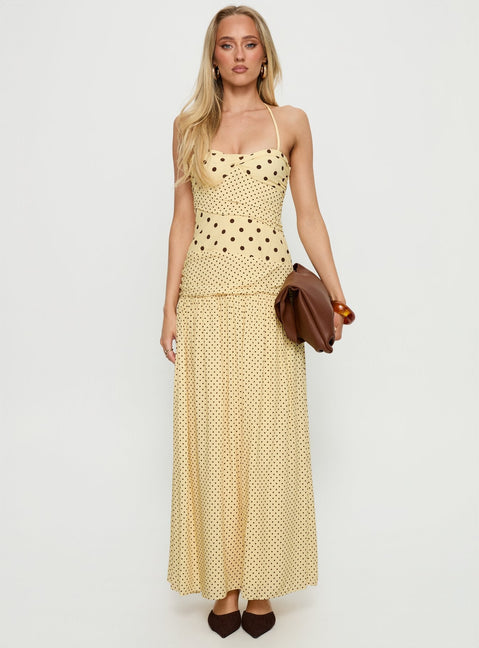 Marguerite Halter Maxi Dress Lemon / Brown Polka Dot