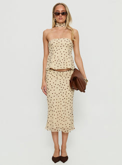   front view of model wearing Princess Polly Sydni Midi Bias Cut Skirt Yellow / Chocolate Polka Midi Skirts 