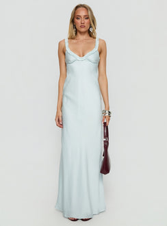 Baley Satin Bias Cut Frill Maxi Dress Blue