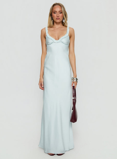 Baley Satin Bias Cut Frill Maxi Dress Blue