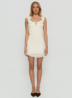 Elenore Frill Textured Mini Dress Cream