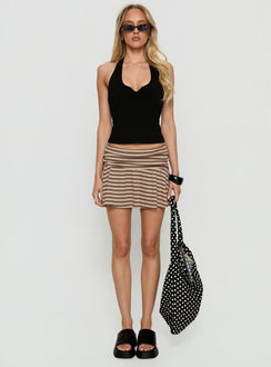   front view of model wearing Princess Polly Leigha Fit Flare Mini Skirt Brown Stripe Mini Skirts 