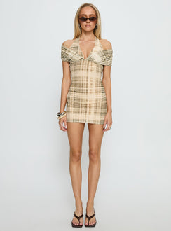 Head Start Layered Mini Dress Beige Plaid