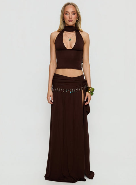  front view of model wearing Princess Polly Spirita Beaded Sarong Maxi Skirt Brown Maxi Skirts 