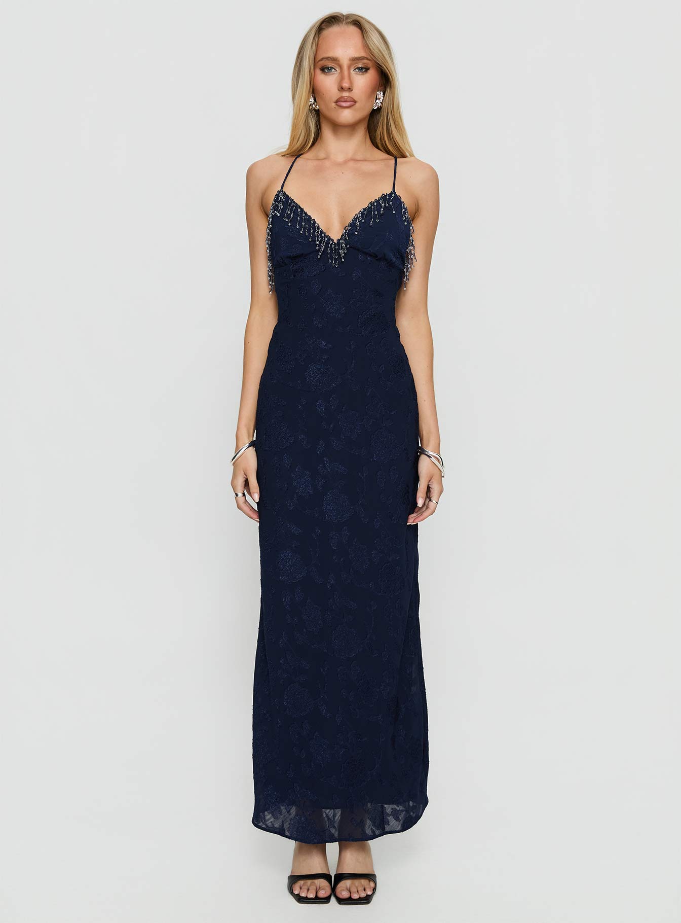 Alvera Fringe Beaded Maxi Dress Navy