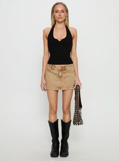   front view of model wearing Princess Polly Nicolina Low Rise Denim Mini Skirt Sandy Brown Mini Skirts 