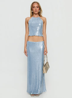 Emalia Halter Sheer Sequin Top Blue