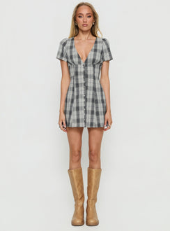 Twist Of Fate V Neck Mini Dress Navy Plaid