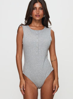 front view of model wearing Princess Polly Good Impression Button Up Bodysuit Grey Sleeveless 