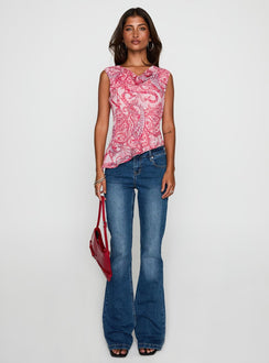 front view of model wearing Princess Polly Blame The Rain Cowl Neck Top Pink Paisley Sleeveless Cowl 