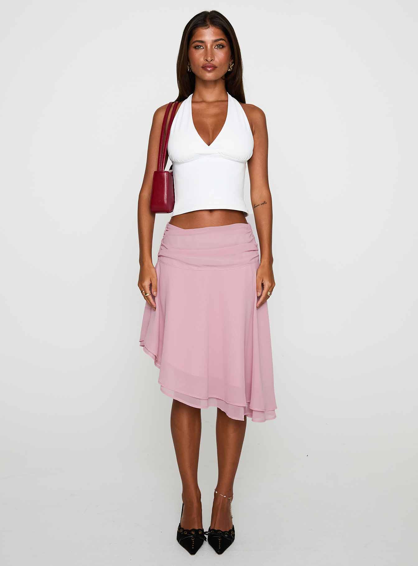 Evanescence Asymmetrical Midi Skirt Pastel Pink | Princess Polly