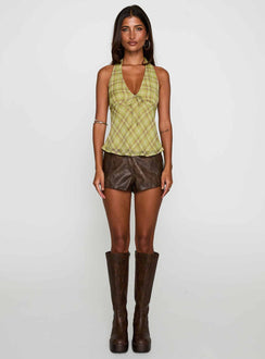 front view of model wearing Princess Polly Amalthea Top Green Check Sleeveless Plunger 