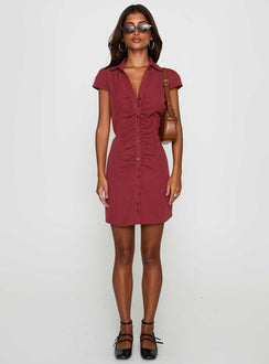front view of model wearing Princess Polly Arianwyn Mini Dress Burgundy V-Neck 