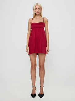 front view of model wearing Princess Polly Ortega Mini Dress Red Square Neck 