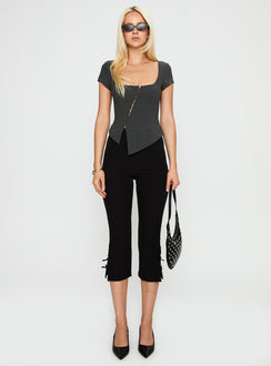 front view of model wearing Princess Polly Memory Bliss Asymmetrical Top Grey Short Sleeves Square Neck 