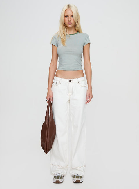 front view of model wearing Princess Polly Lex Top Green Stripe Short Sleeves Crew Neck 