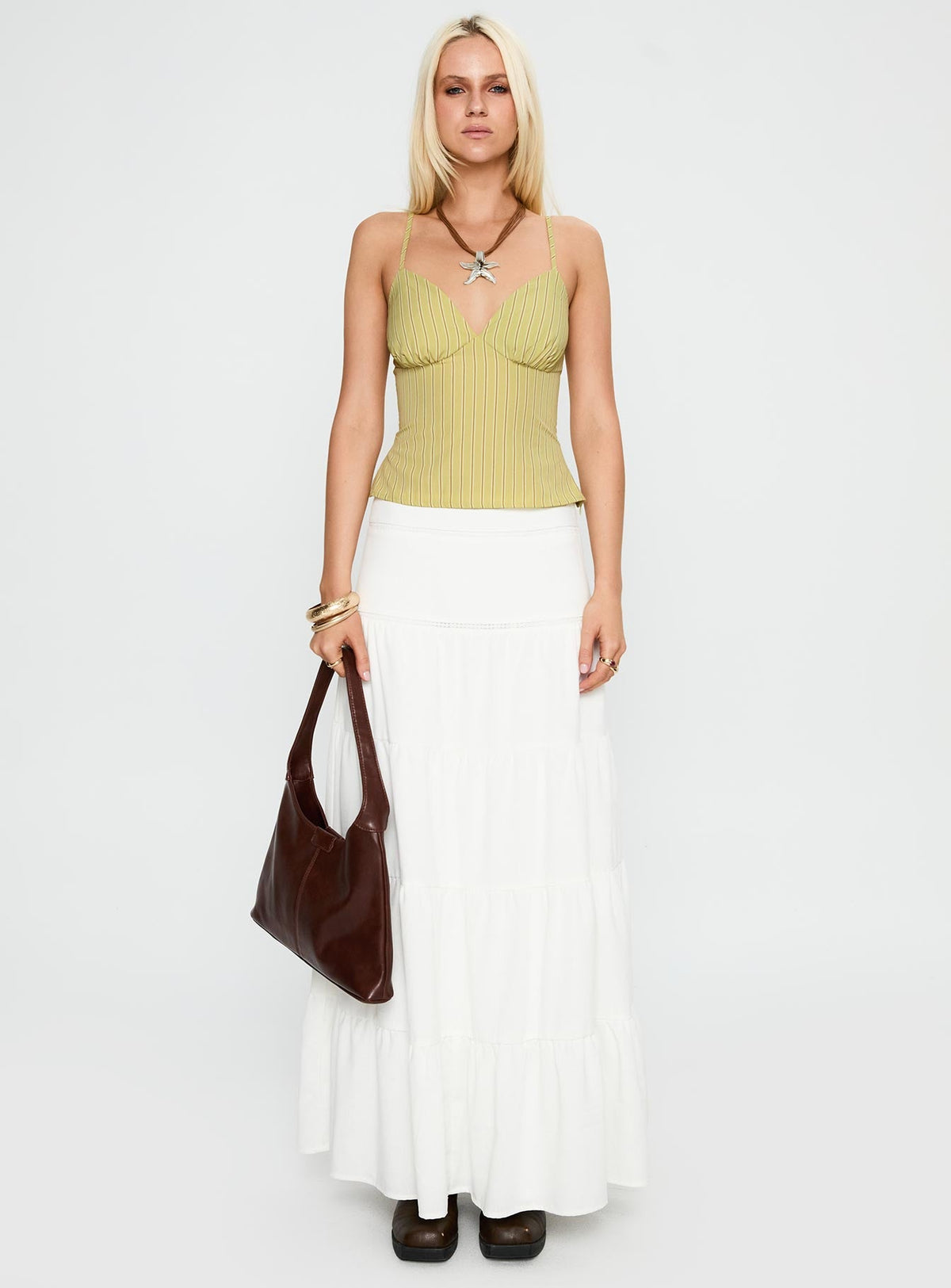   front view of model wearing Princess Polly Snowy River Tiered Maxi Skirt White Maxi Skirts Skirts 