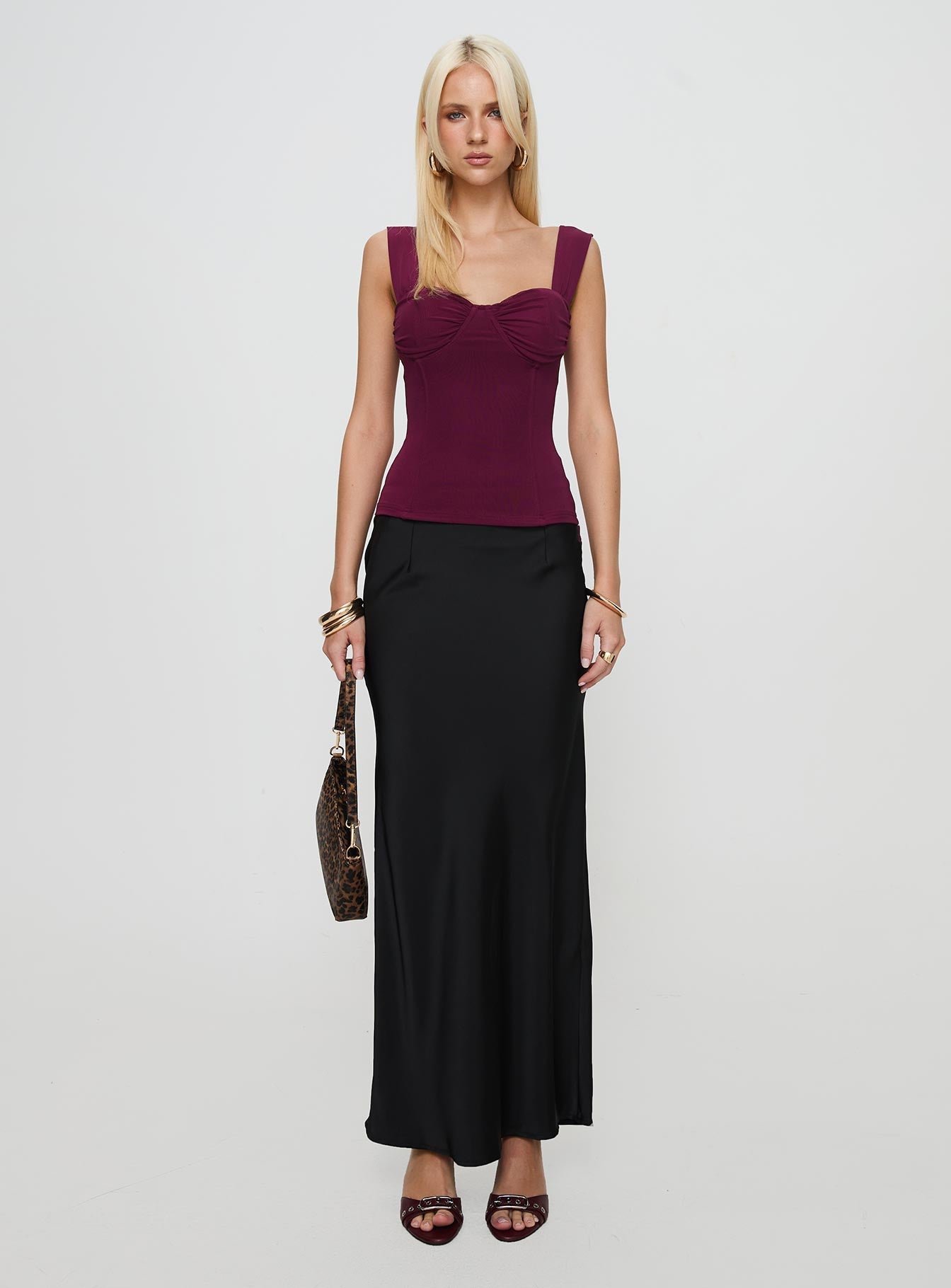 back view of model wearing Princess Polly Kyrie Longline Corset Top Purple Sleeveless Sweetheart 