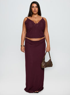 Reiko Lace Trim Tie Front Maxi Set Burgundy Curve